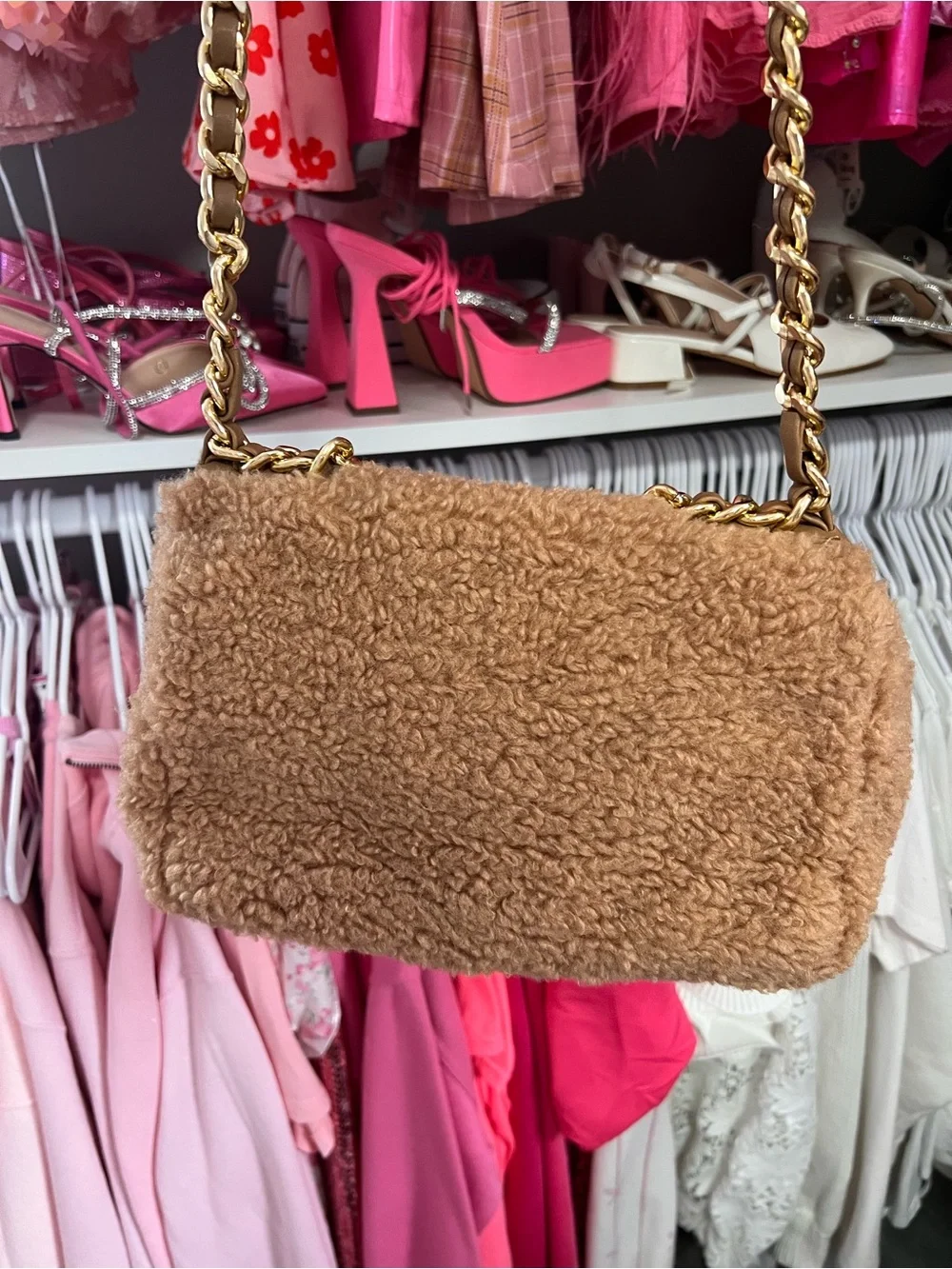 Teddy Faux-Shearling Chain Shoulder Bag - Brown